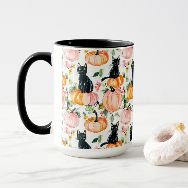 Caneca Café Temático de Halloween Gato Preto & Abóbora de (Com Donut)