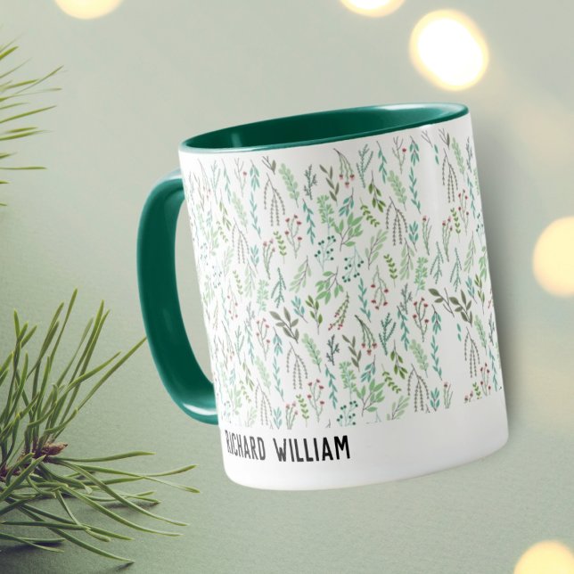 Caneca Café Verde Mínimo de Flor Selvagem Elegante de Nat (Criador carregado)