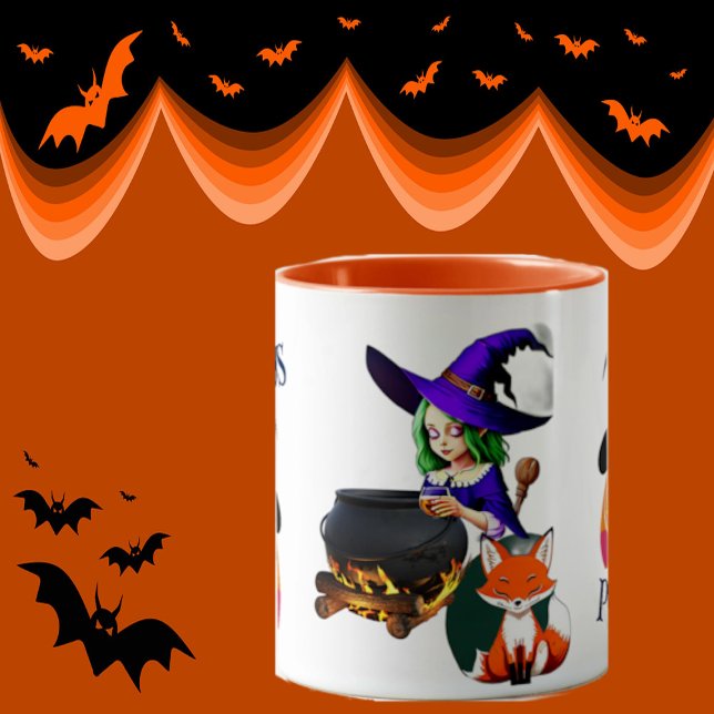 Caneca Caldeirão Mágico Hocus Pocus | Bruxa com Raposa &  (Hocus Pocus Magic Cauldron Witch Hat Fox Pumpkin Mug)