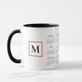 Caneca Calendário do Monograma 2025 Preto Vermelho Branco