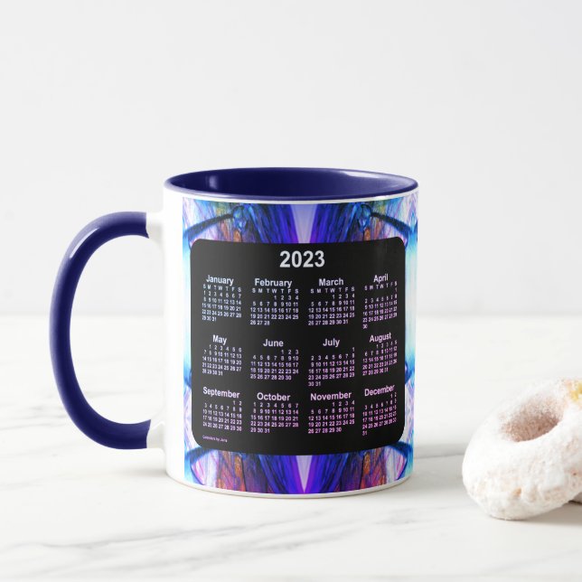 Caneca Calendário do Neon Azul de Miami, em 2023, por Jan (Com Donut)