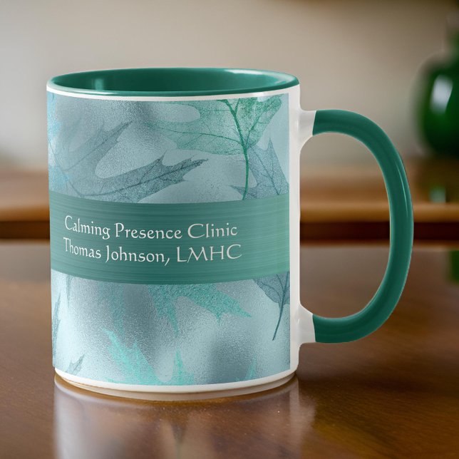 Caneca Calm Leafy Teal Shimmer PsychotherapIst Conselheir (Criador carregado)