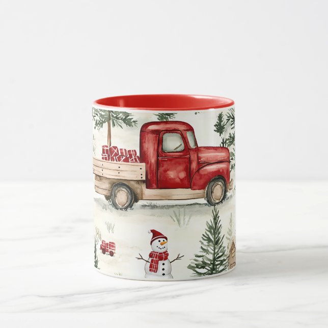 Caneca Caminhão Vermelho com presentes e boneco de neve (Centro)