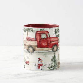 Caneca Caminhão Vermelho com presentes e boneco de neve