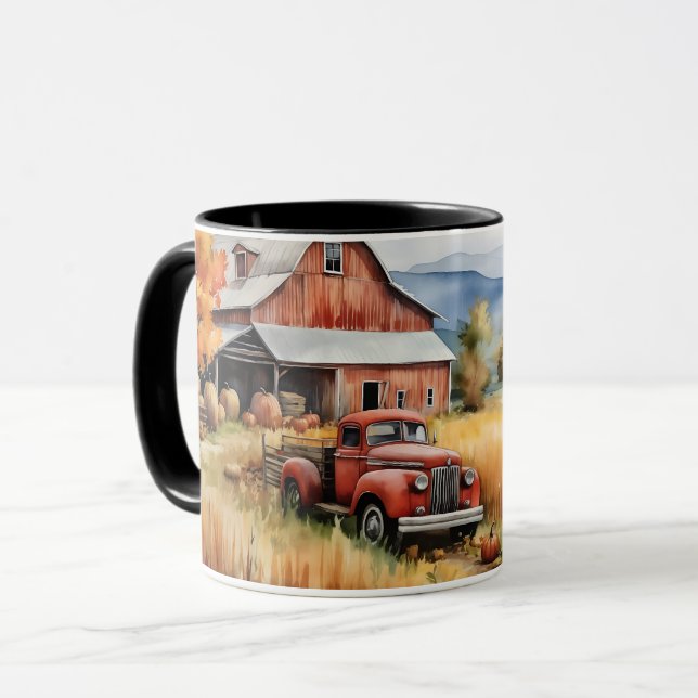 Caneca Caminhonete Antiga e Celeiro Vermelho no Outono (Frente Esquerda)