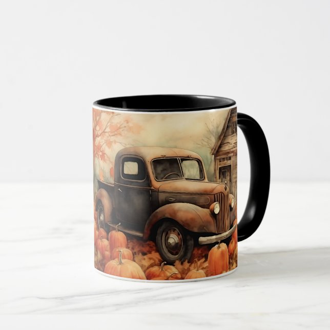 Caneca Caminhonete Enferrujada Antiga e Abóboras Outono (Frente Esquerda)