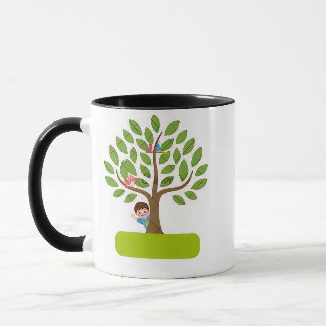 Caneca Camiseta com Árvore Fofa com Crianças e Pássaros (Esquerda)