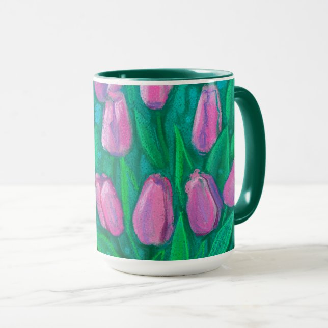 Caneca Campo de Tulipas Rosa, Flores de Mola Pintura Flor (Frente Esquerda)