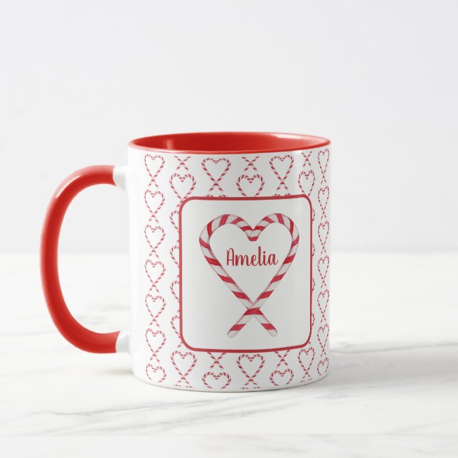 Caneca Candy Cane Hearts, nome personalizado de Natal bon (Esquerda)