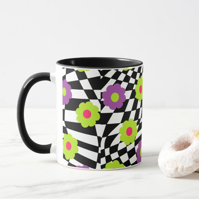 Caneca Caneca-branca e preta com flores (Com Donut)
