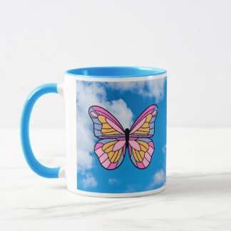 Caneca Caneta azul-borboleta rosa