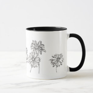 Caneca Caneta das flores margaridas e tinta pretas