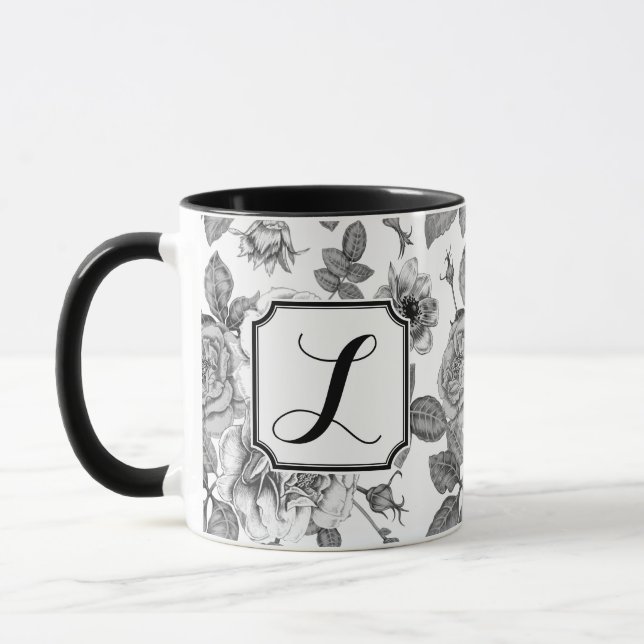 Caneca Canhão de Padrão de Rosa Preta e Branca (Esquerda)
