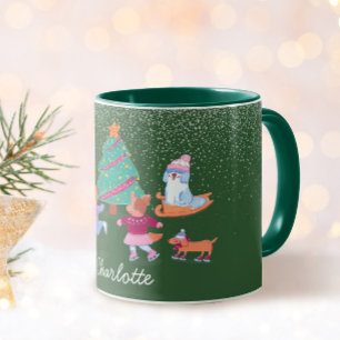 Caneca Caninos Festivos Ice Skating Christmas Green Name