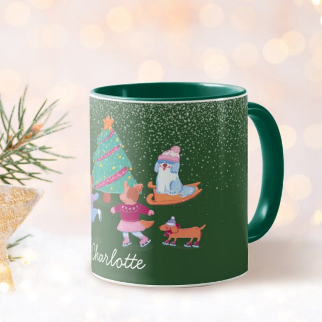 Caneca Caninos Festivos Ice Skating Christmas Green Name (Criador carregado)