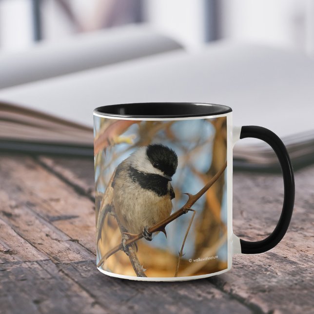 Caneca Cantarilho De Capa Negra Bonito E Esperançoso (Cute Hopeful Black-Capped Chickadee on Branch 11 oz Coffee Mug Cover Photo.)