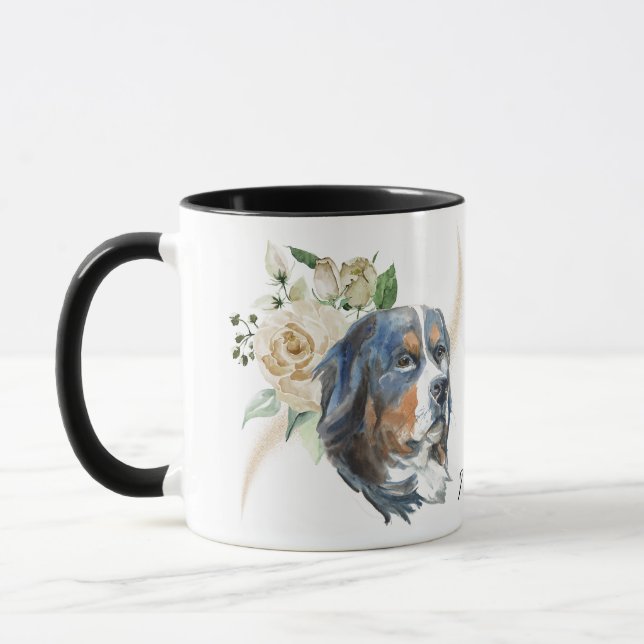 Caneca Cão-de-montanha Bernese, Buquê de Rosa Branco (Esquerda)