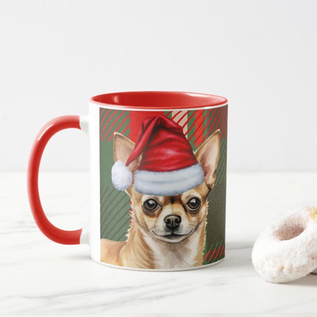 Caneca Cão de Papais noeis de Natal Chihuahua Xadrez de F (Com Donut)