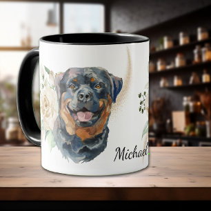 Caneca Cão de Rottweiler Buquê Rosa Branco