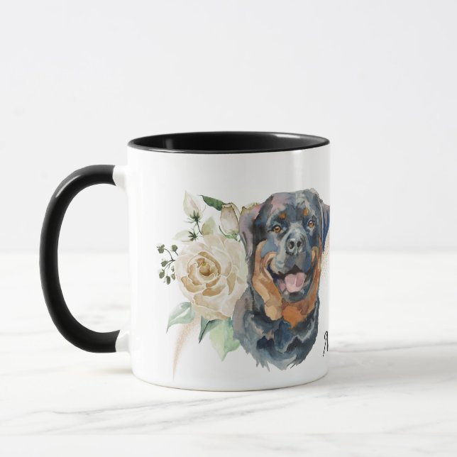 Caneca Cão de Rottweiler Buquê Rosa Branco (Esquerda)