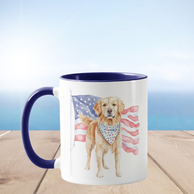 Caneca Cão Patriótico Bandeira Americana de Aquarela (Criador carregado)