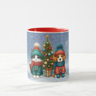 Caneca Cãozinho de Natal bonito e gatinho