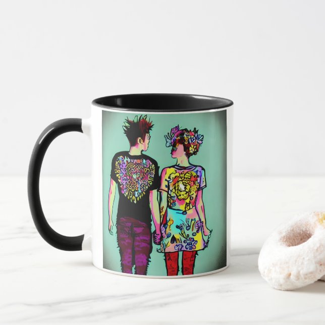 Caneca Cara Grunge Bonita e Garota Punk Bonita de Mãos Da (Com Donut)