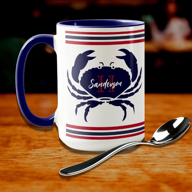 Caneca Caranguejo branco azul-marinho, monograma, (Criador carregado)