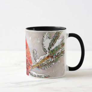 Caneca Cardeal em um pinheiro no inverno