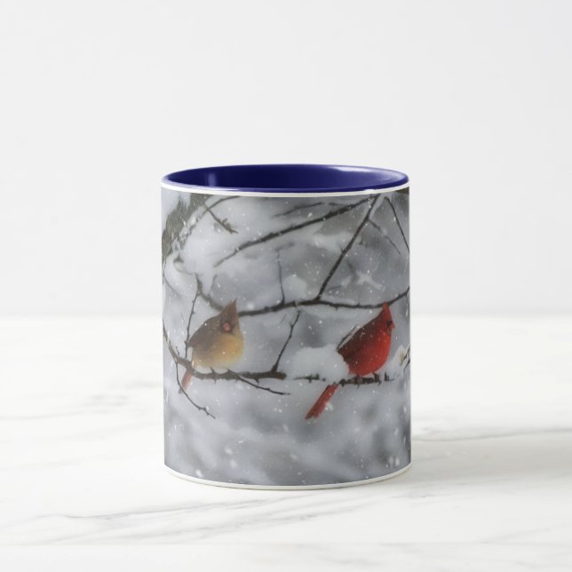 Caneca Cardinal Bird Couple in Snow Tree Nature Mug (Centro)