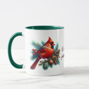 Caneca Cardinal em galho de pinheiro com bagas de inverno
