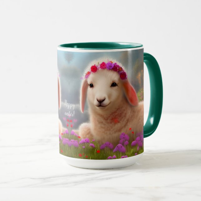 Caneca Carneiro de páscoa bonito com flores - (Frente Esquerda)