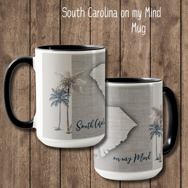 Caneca Carolina do Sul Palm Tree Linen Mug (South Carolina on my Mind mug. A unique design of linen, SC outline, and palm trees. Perfect gift!)