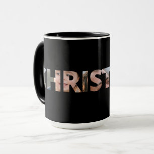 Caneca Carregue a sua foto em texto preto no Natal