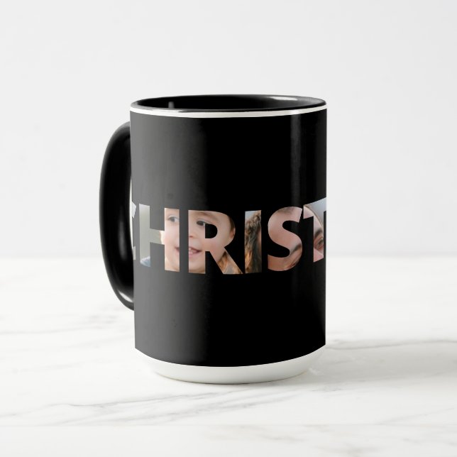 Caneca Carregue a sua foto em texto preto no Natal (Frente Esquerda)