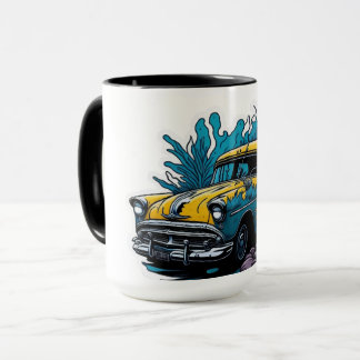 Caneca Carro Amarelo e Azul Esverdeado com Tinta Espalhad