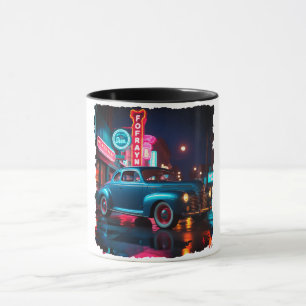 Caneca Carro Clássico dos Anos 1940 sob Luzes de Neon