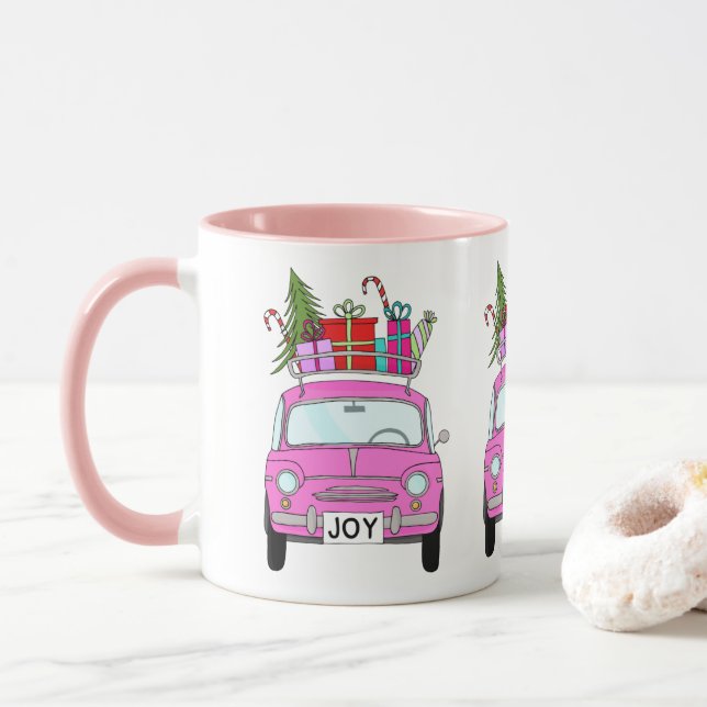 Caneca Carro cor-de-rosa com presentes de Natal (Com Donut)