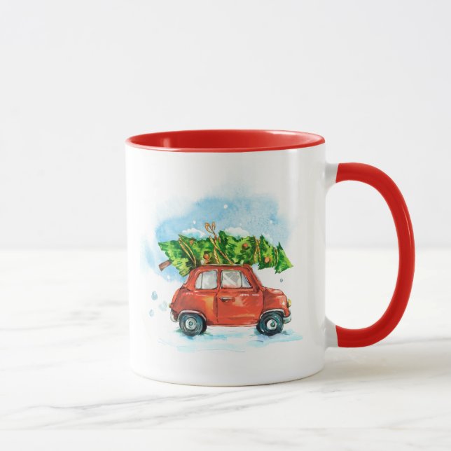 Caneca Carro de aquarela com árvore de Natal no topo (Direita)