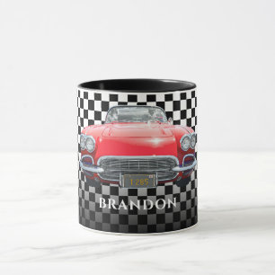 Caneca Carro Esportivo Vermelho, Nome Branco, Xadrez Pret