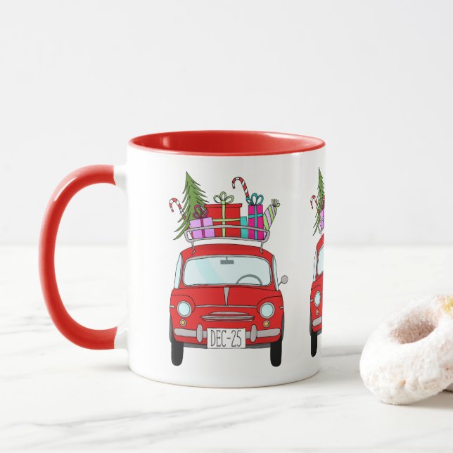 Caneca Carro Vermelho com presentes de Natal (Com Donut)
