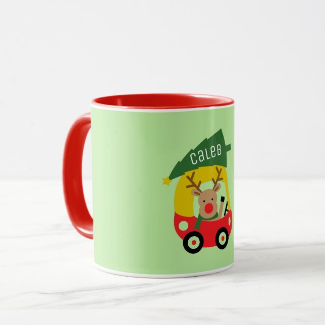 Caneca Carro Vermelho e Crianças de Árvore de Natal Bonit (Frente Esquerda)