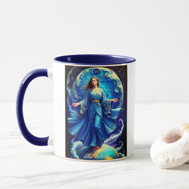 Caneca Carta de Tarot, o Mundo, em Azul Profundo (Com Donut)