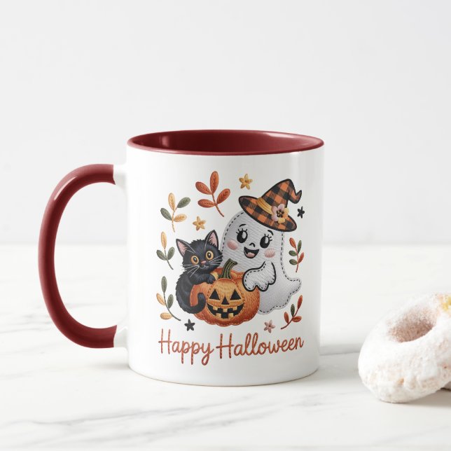 Caneca Cartão Encantador de Saudação do Halloween - Desen (Com Donut)