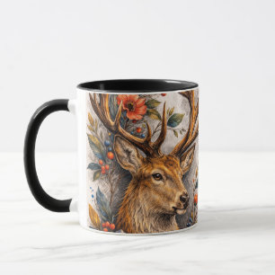 Caneca Cartaz de Arte Floral de Veado Majestoso Ilustraçã