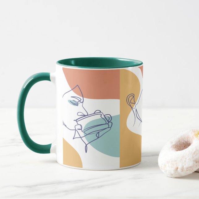 Caneca cartaz de desenho de arte linear de mulher bebendo (Com Donut)