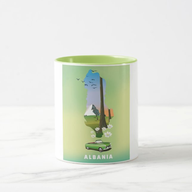 Caneca cartaz de viagem ilustrado do mapa da Albânia (Centro)