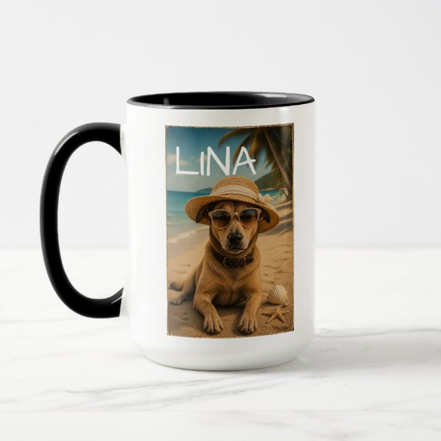 Caneca Cartaz Retro de Praia com Imagem e Texto Personali (Esquerda)