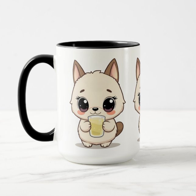 Caneca Cartoon bonito com cão adorável segurando uma bebi (Esquerda)