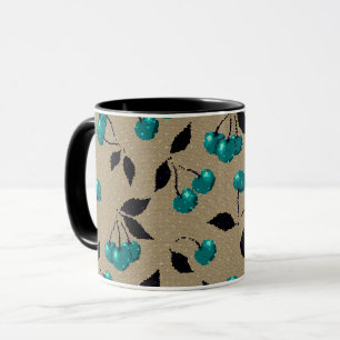 Caneca Cartoon folhas negras de cereja azul giro beige